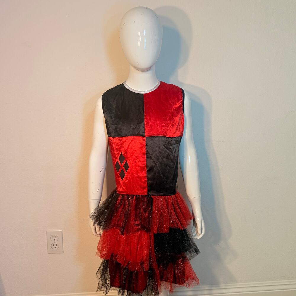 DC Comics Harley Quinn Girls Costume Dress Size Large Red Black Glitter Tulle
